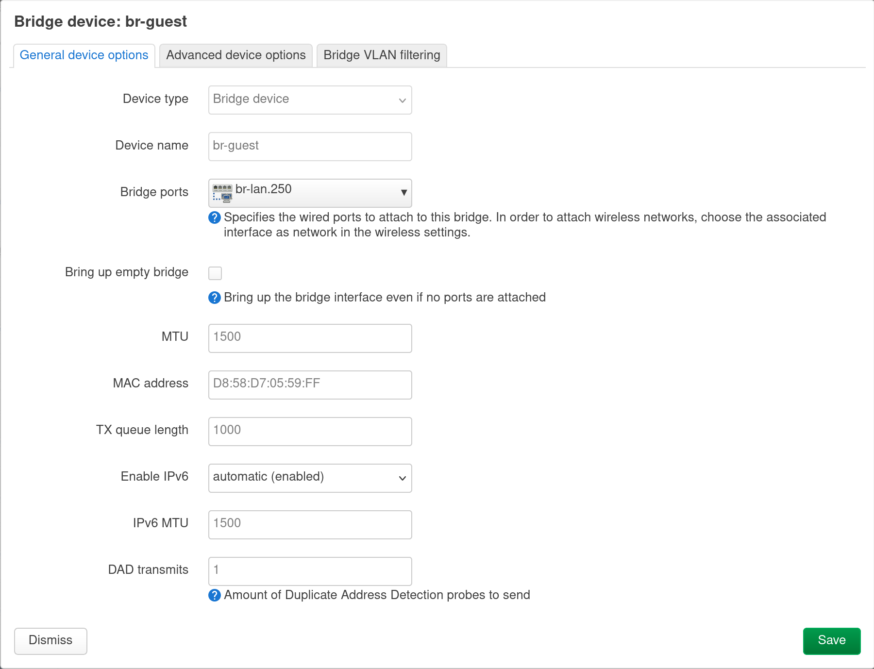 OpenWRT LuCI interface showing the configuration of the br-guest device