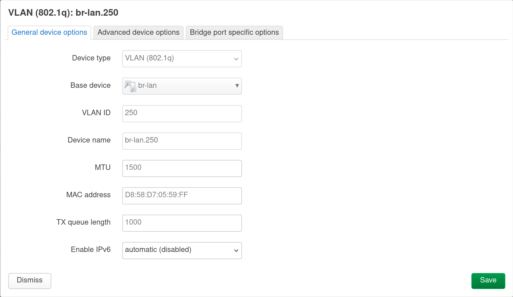 OpenWRT LuCI interface showing the configuration of the br-lan.250 device