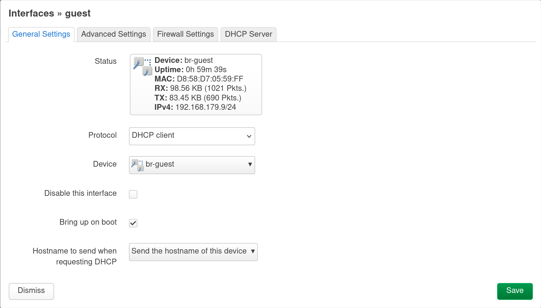 OpenWRT LuCI interface showing the configuration of the guest interface